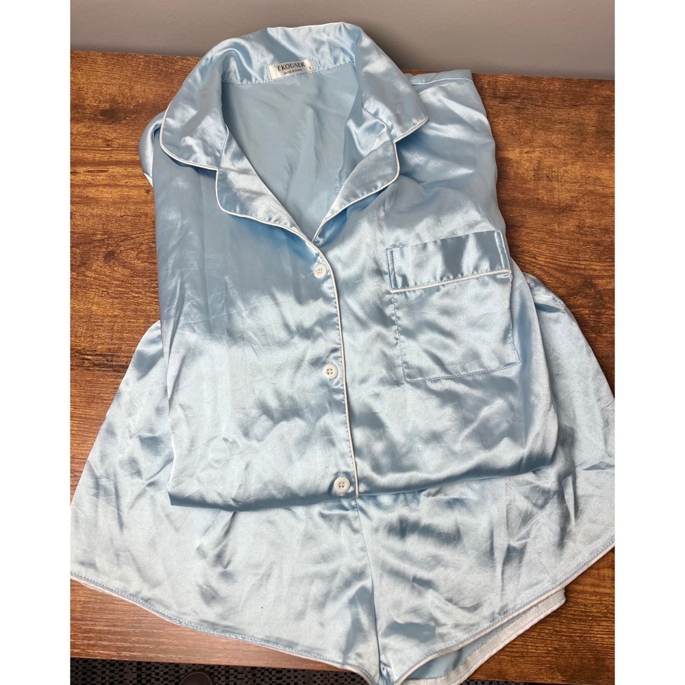 Ekouaer Satin Light Blue Pajama Set Short Sleeve Button Down Shorts Small